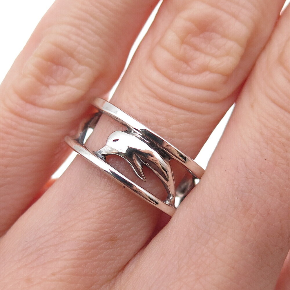 925 Sterling Silver Vintage Dolphin Oxidized Band Ring Size 6.25